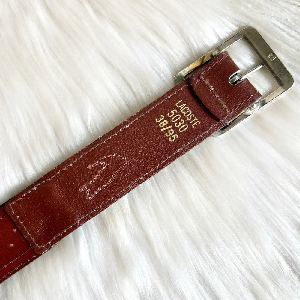 Lacoste Vintage Brown Leather Striped Belt Silver Buckle 1980s 37-38.5 Unisex